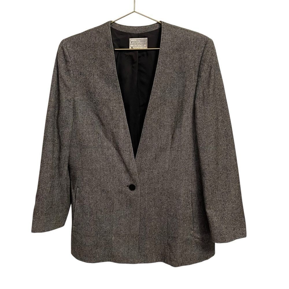 Miss Pendleton Wool Blazer Grey Herringbone Windowpane Collarless Jacket USA